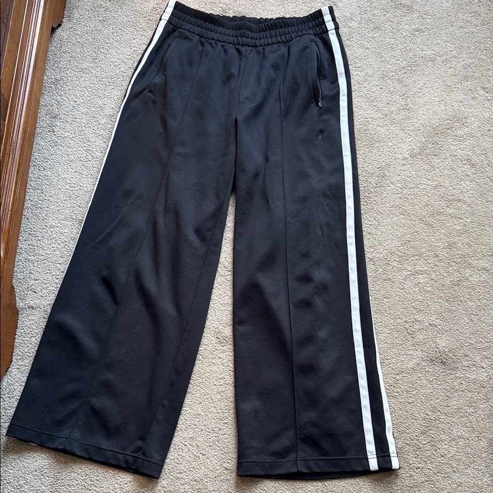 Athleta Black Wide-Leg Joggers with White Stripes
